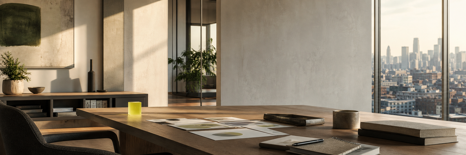 Sunlit strategy studio overlooking a city